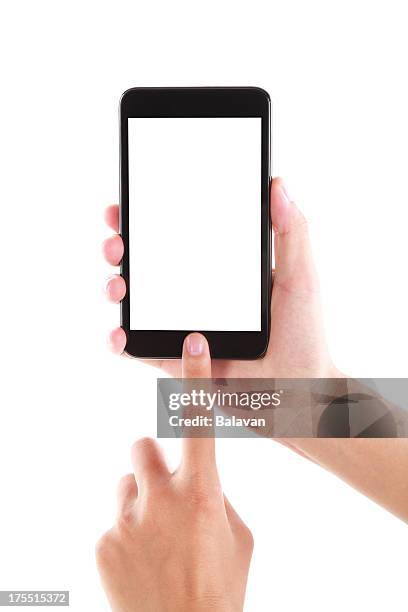 blank screen mobile phone in hand isolated-xxxl - contact lens stock pictures, royalty-free photos & images