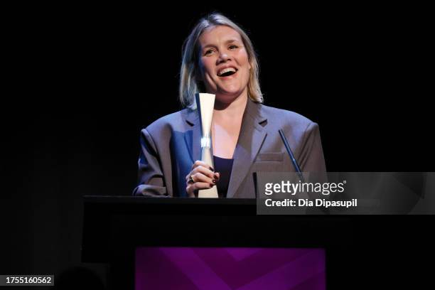 Emerald Fennell speaks at the Spotlight Director Award Presentation during the 26th SCAD Savannah Film Festival at Lucas Theatre for the Arts on...