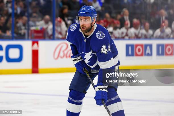 Calvin de Haan of the Tampa Bay Lightning against the Carolina Hurricanes during the second period at Amalie Arena on October 24, 2023 in Tampa,...