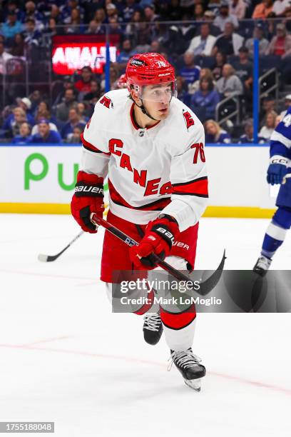 Brady Skjei of the Carolina Hurricanes against the Tampa Bay Lightning during the first period at Amalie Arena on October 24, 2023 in Tampa, Florida.