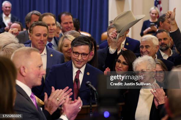 Rep. Mike Johnson speaks alongside fellow House Republicans after he was elected as the Republican Speaker nominee during a conference meeting in the...