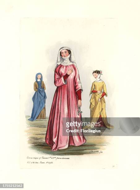 Women's costume from the reigns of Edward I and II . From an illuminated manuscript of the time, Sloane No. 3983. Handcolored engraving from 'Civil...