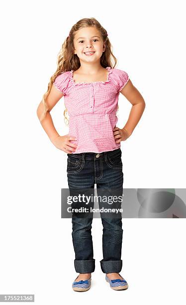 bambina sorridente con le mani sui fianchi-isolato - child isolated foto e immagini stock