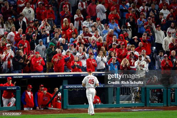 Zack Wheeler of the Philadelphia Phillies exits against the Arizona Diamondbacks during the ninth inning in Game Seven of the Championship Series at...