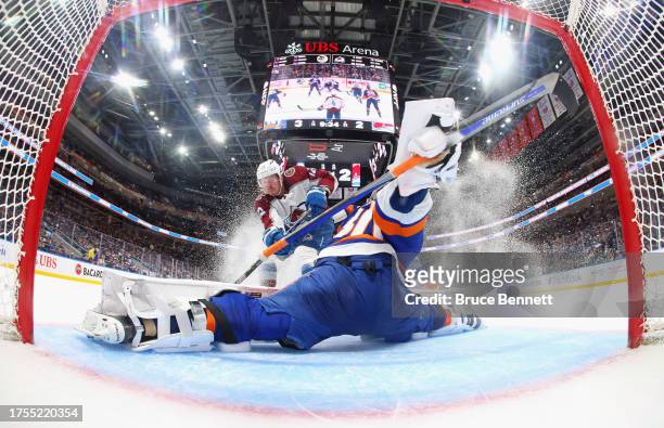 Ilya Sorokin of the New York Islanders makes the second period save on Ryan Johansen of the Colorado Avalanche at UBS Arena on October 24, 2023 in...