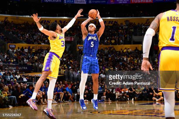 Paolo Banchero of the Orlando Magic shoots the ball during the game against the Los Angeles Lakers on October 30, 2023 at Crypto.Com Arena in Los...