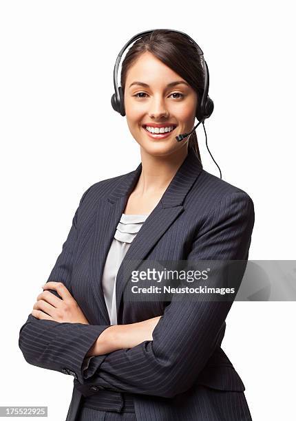 mujer sonriente con el departamento de asistencia de su gerente de brazos cruzados aislado - agente de servicio al cliente fotografías e imágenes de stock