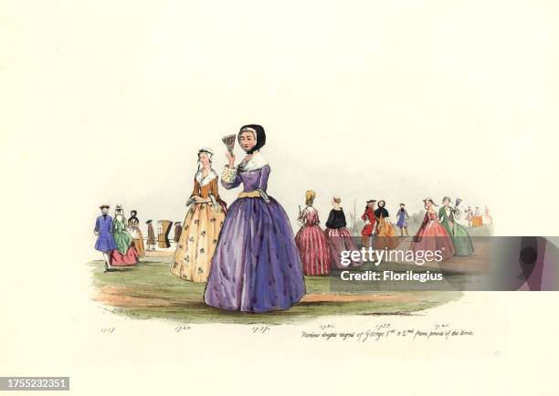 Women fashions from 1719-1755, reigns of George I and II from prints of the time. Women in long dresses, with muffs, fans, bonnets. Sedan chair in...