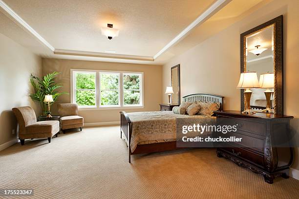 beautiful master bedroom - window dresser stock pictures, royalty-free photos & images