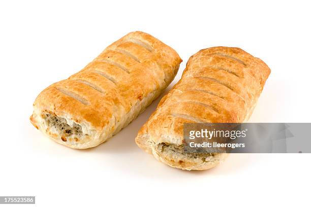 sausage rolls pastry snacks with meat on a white background - sausage roll stock pictures, royalty-free photos & images
