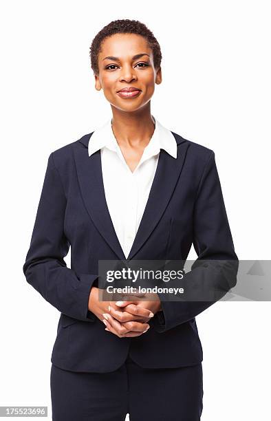 confident african american female executive - isolated - black suit stockfoto's en -beelden