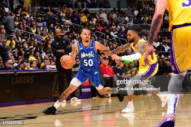 Cole Anthony of the Orlando Magic dribbles the ball during the game against the Los Angeles Lakers on October 30, 2023 at Crypto.Com Arena in Los...