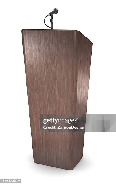 wooden podium - microphone white background stockfoto's en -beelden