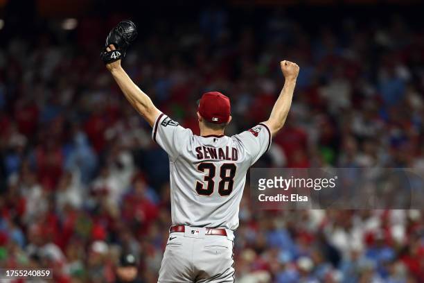 Paul Sewald of the Arizona Diamondbacks celebrates after beating the Philadelphia Phillies 4-2 in Game Seven of the Championship Series at Citizens...