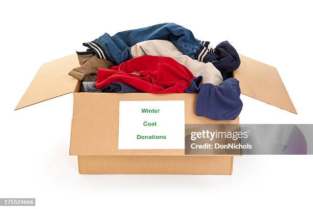 winter coat donations - donation box white background stock pictures, royalty-free photos & images