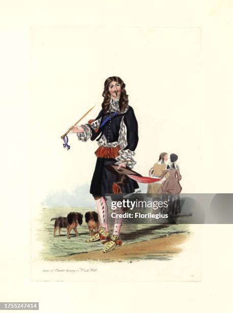 King Charles II with his spaniels. From a scarce print of a young Charles dining in Whitehall by Van Dyck. He wears a black coat slashed to show a...