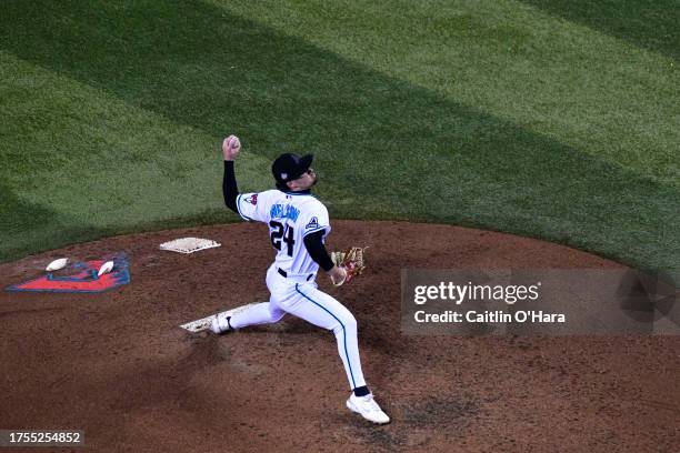 Kyle Nelson of the Arizona Diamondbacks pitches during Game 3 of the 2023 World Series between the Texas Rangers and the Arizona Diamondbacks at...