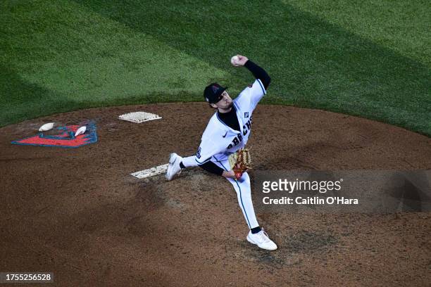 Kyle Nelson of the Arizona Diamondbacks pitches during Game 3 of the 2023 World Series between the Texas Rangers and the Arizona Diamondbacks at...