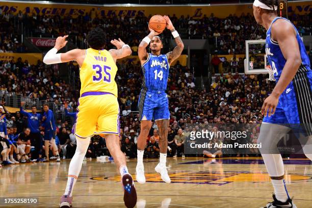 Gary Harris of the Orlando Magic shoots the ball during the game against the Los Angeles Lakers on October 30, 2023 at Crypto.Com Arena in Los...