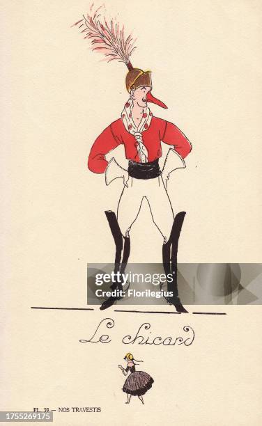 Woman in fancy dress costume as a dandy, le chicard, with plumed hat, false nose, red shirt, white pants and gloves, and high boots with spurs....