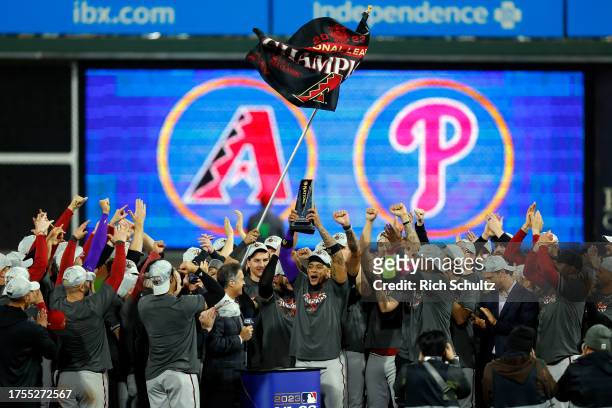 Ketel Marte of the Arizona Diamondbacks celebrates after being named the NLCS MVP after Game Seven of the Championship Series against the...