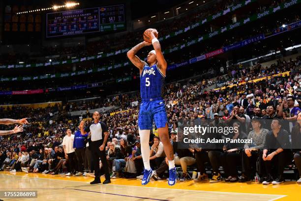 Paolo Banchero of the Orlando Magic shoots the ball during the game against the Los Angeles Lakers on October 30, 2023 at Crypto.Com Arena in Los...