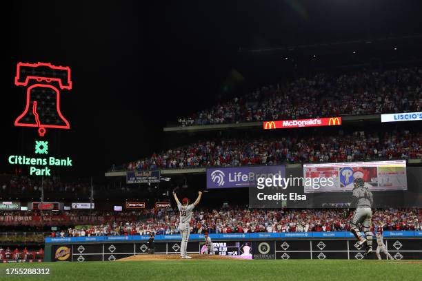 Paul Sewald of the Arizona Diamondbacks celebrates the final out after beating the Philadelphia Phillies 4-2 in Game Seven of the Championship Series...