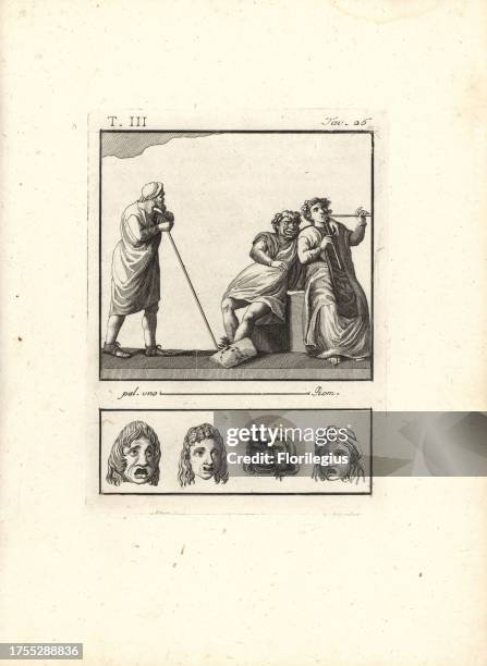 Scene from a comedy. An old man leans on a staff as two musicians in comic masks play on a tibia flute and sing, perhaps from an intermission....