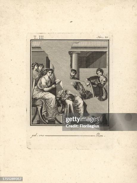 Musical concert. A poetess or singer sings from a small volume accompanied by a Tibicine on a tibia and a Fidicine on a lyre tied to her arm with a...