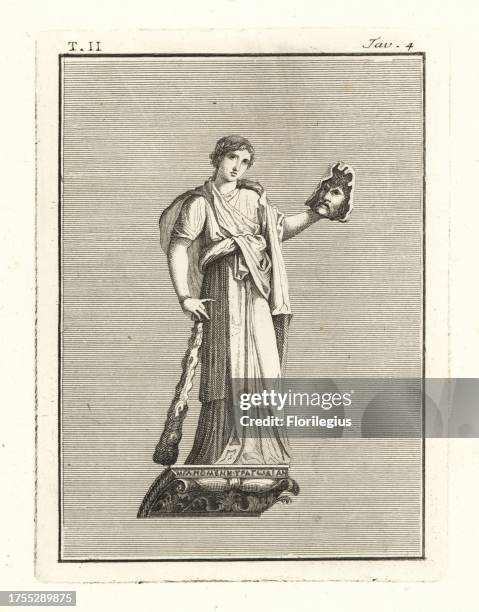 Melpomene, Roman muse of tragedy, holding a tragic mask and club. She wears a veil and narrow band with laurel wreath. Copperplate engraving by...