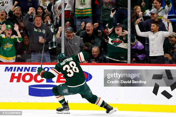 Ryan Hartman of the Minnesota Wild celebrates his hat trick goal against the Edmonton Oilers in the third period at Xcel Energy Center on October 24,...