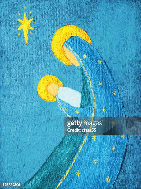 religiöse: abstrakte weihnachten nativity blau und gelb kunst gemälde - nativity scene stock-grafiken, -clipart, -cartoons und -symbole