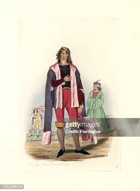 Male fashion from the reign of Henry VII, 1485-1509. From Harleian MSS 4425. He wears a short mantle with long sleeves over doublet, breeches and...