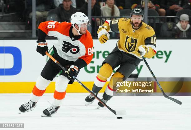 Joel Farabee of the Philadelphia Flyers skates during the second period against the Vegas Golden Knights at T-Mobile Arena on October 24, 2023 in Las...