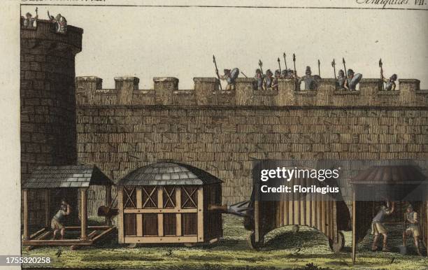 Shelter for sappers digging a tunnel, Vineae 1, semi-circular shelter Pluteus 2, shelter Testudo with battering ram Aries 3, shelter on rolling...