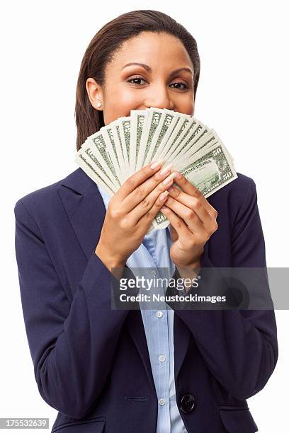 mujer sosteniendo ejecutiva abrir en abanico de los billetes aislado - abrir en abanico fotografías e imágenes de stock