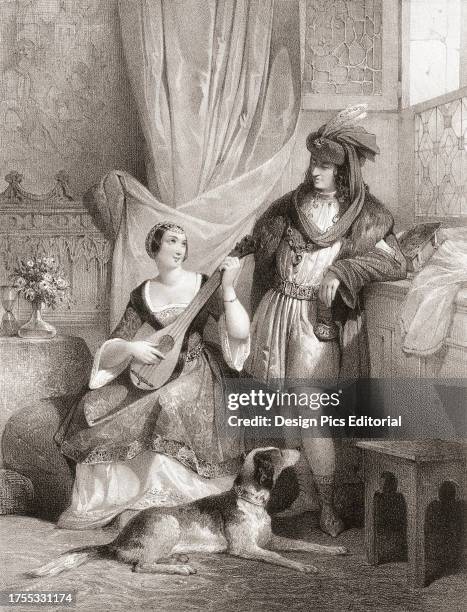 King Charles VII of France with his chief mistress Agnes Sorel. After a 19th century work by Jules David.