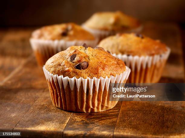 chocolate chip and bannana muffins - muffin stock pictures, royalty-free photos & images