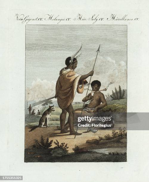 Batswana man and woman, South Africa, circa 1800 . The man wears feathers and earrings, an animal skin cape, and carries spears and a basket. The...