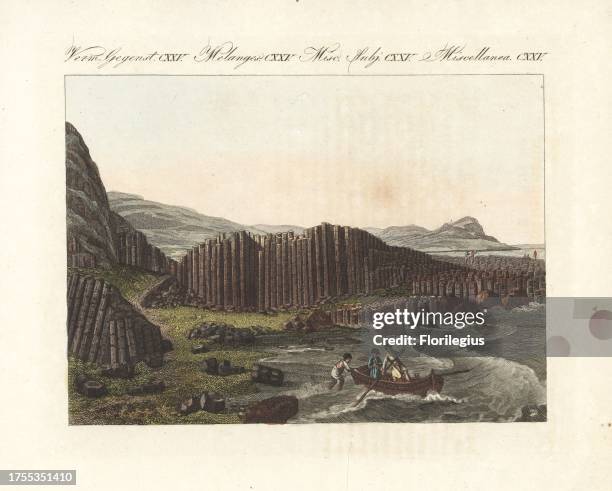 Giant's Causeway, Ulster, Ireland, circa 1800. Handcoloured copperplate engraving from Bertuch's "Bilderbuch fur Kinder" , Weimar, 1807. Friedrich...