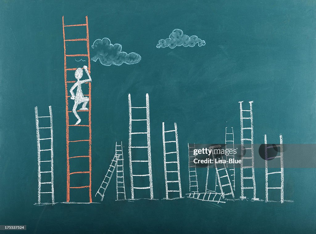 Stick figure climbing ladder to success