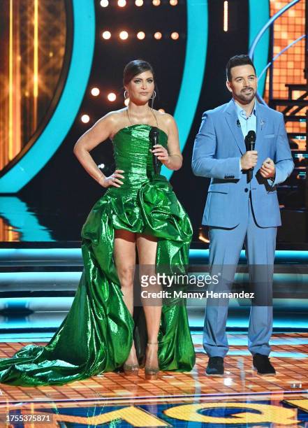 In this image released on October 22, 2023 Host Chiquinquirá Delgado and Mane de la Parre at Mira Queen Baila Episode 4 at Univision Studios on...