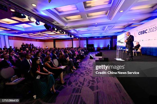 Brazil's Vice President Geraldo Alckmin delivers a speech during the 2023 Annual Conference of the Brazil-China Business Council on October 23, 2023...