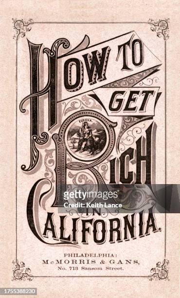 vintage-buchcover für "wie man in kalifornien reich wird" - lithographie stock-grafiken, -clipart, -cartoons und -symbole