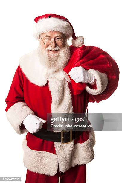 imágenes reales de santa claus con bolsa de regalos tiene - papá noel fotografías e imágenes de stock