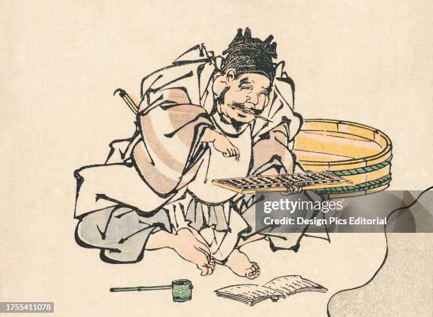 Japanese man using a soroban, or abacus. Detail from an 18th or 19th century woodcut by Japanese artist Toyohiro Utagawa.