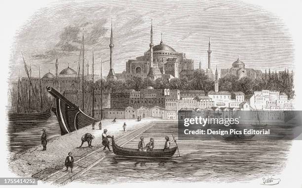 Hagia Sophia, Constantinople, , Turkey, seen here in the 19th century. From Monuments de Tous les Peuples, published 1843..