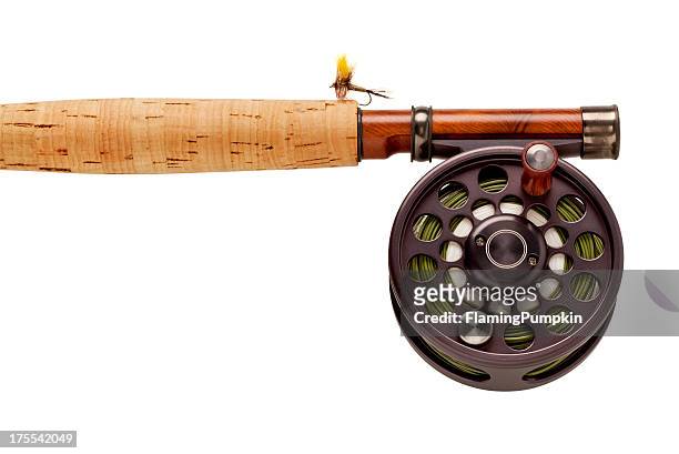 fly-fishing rod & reel on white background. - fishing reel stock pictures, royalty-free photos & images