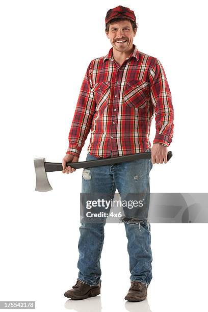 happy lumberjack holding an axe - lumberjack stock pictures, royalty-free photos & images