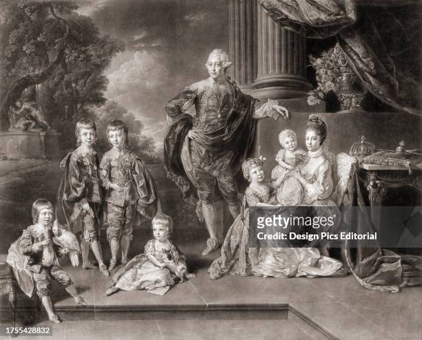 Portrait of King George III of England, his wife Queen Charlotte and their family in 1770. On the far left, Prince William future King William IV of...